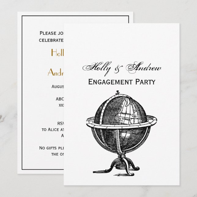Convites Vintage World Globe Lithógrafo Desenhando BW (Frente/Verso)