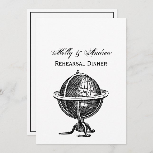 Convites Vintage World Globe Lithógrafo Desenhando BW (Frente/Verso)