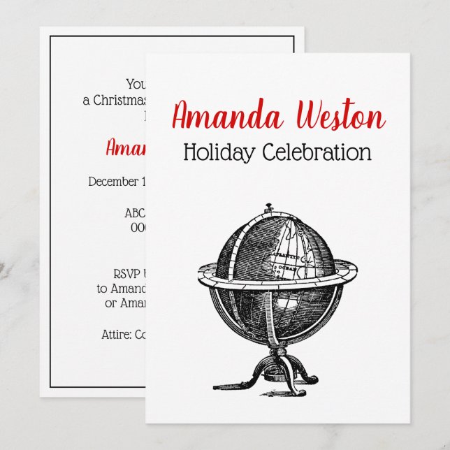 Convites Vintage World Globe Lithógrafo Desenhando BW (Frente/Verso)