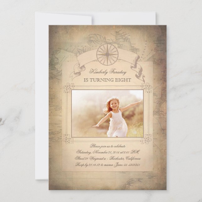 Convites Vintage World Map Antiga Foto Aniversário (Frente)