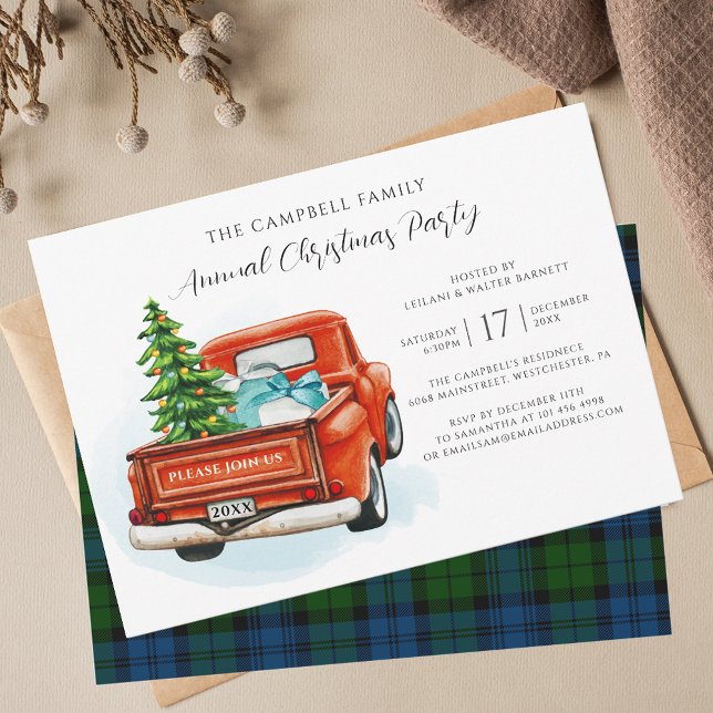 Convites Vintage Xadrez Red Truck Campbell Natal Tartan (Plaid Campbell Military Christmas Party Invitation with Red Truck)