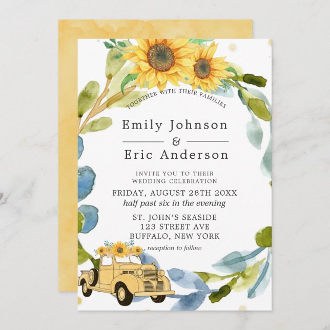 Convites Vintage Yellow Truck Sunflower Blue Wedding Invit (Frente/Verso)