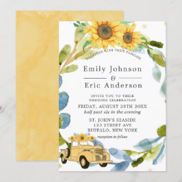 Convites Vintage Yellow Truck Sunflower Blue Wedding Invit