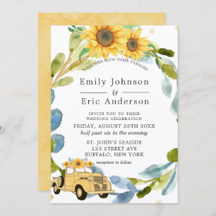 Convites Vintage Yellow Truck Sunflower Blue Wedding Invit