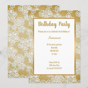 CONVITES VINTAGEM BRANCA LACE DOURADO TODO O ANIVERSÁRIO D