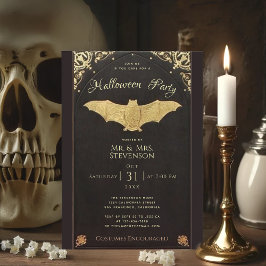 Convites Vintagem Dourada de Bat Black no Halloween Elegant