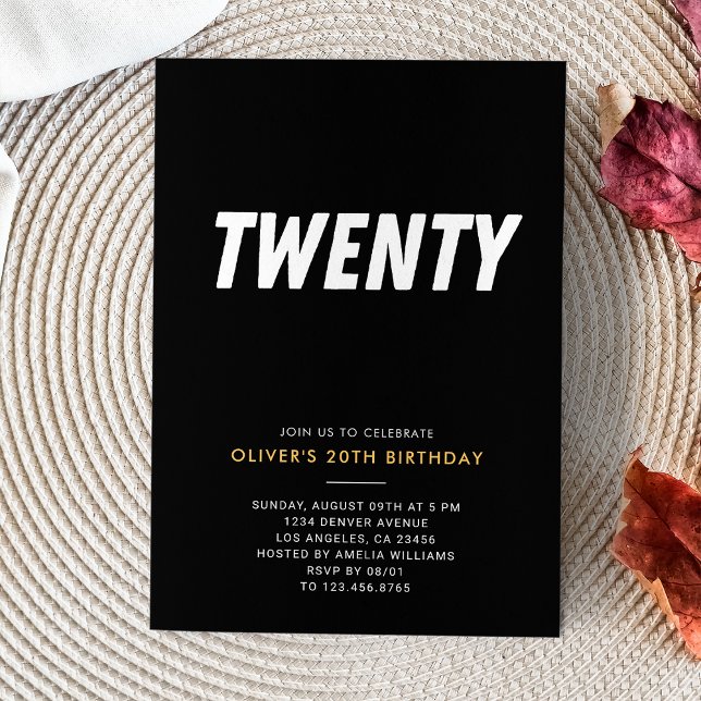 Convites Vinte | Festa de aniversário Dourada e preto simpl (Twenty | Simple Black & Gold 20th Birthday Party Invitation
)