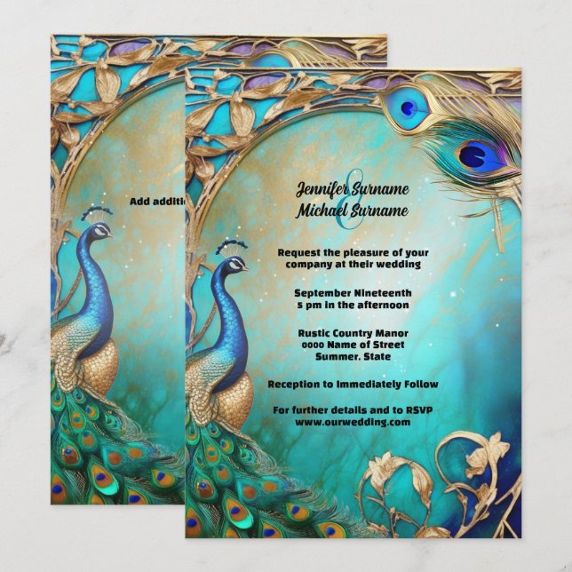 Convites Vintock paciock Penas ornamentado art nouveau (Frente/Verso)