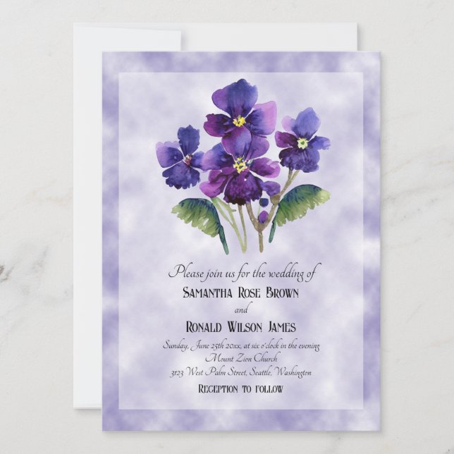 Convites Violas de aquarela no casamento de fundo roxo (Frente)