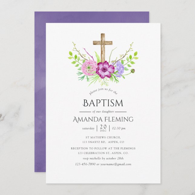 Convites Violet and Plum Floral Baptism ou Christening (Frente/Verso)