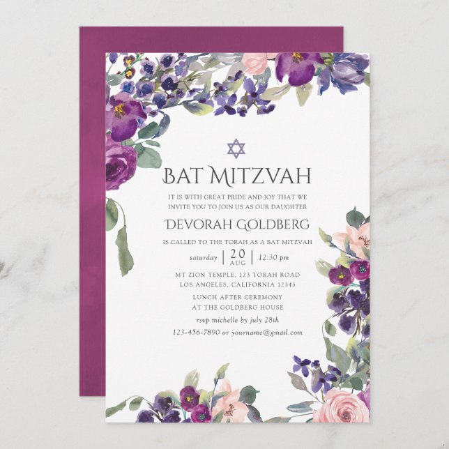 Convites Violet and Plum Floral Bat Mitzvah (Frente/Verso)