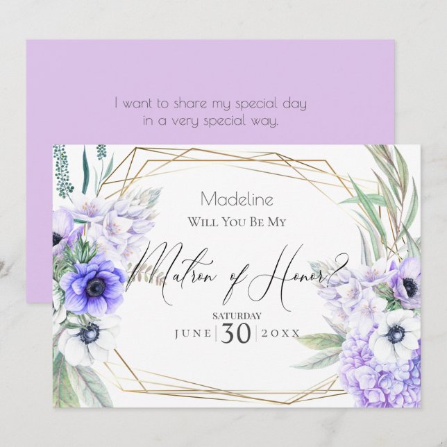 Convites Violet Anemones Você Será Minha Matriz de Honra? (Frente/Verso)