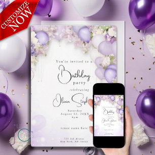 Convites Violet Balloons e Peony Floral QR Aniversário