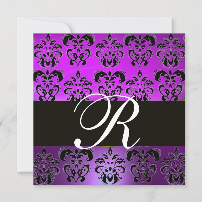 Convites VIOLET BLACK DAMASK MONOGRAM,,branco (Frente)