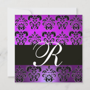 Convites VIOLET BLACK DAMASK MONOGRAM,,branco