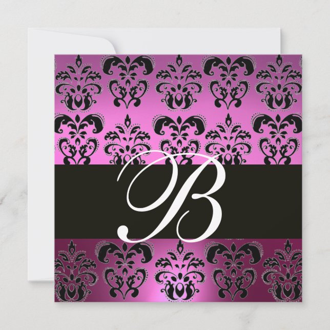 Convites VIOLET BLACK DAMASK MONOGRAMA, branco, (Frente)