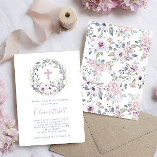 Convites Violet Blush   Batismo Floral com Cruz