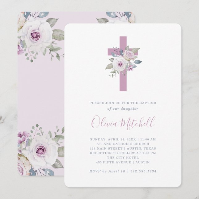 Convites Violet Blush| Batismo Floral com Cruz (Frente/Verso)