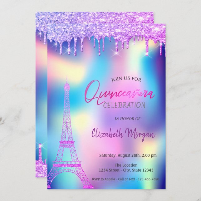 Convites Violet Drops Eiffel Tower Holographic Quinceanera (Frente/Verso)