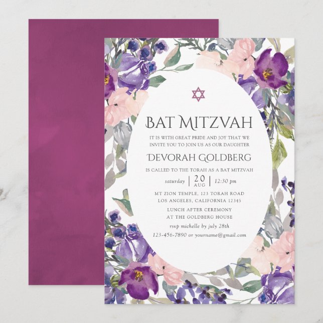 Convites Violet e Plum Floral Bat Mitzvah (Frente/Verso)