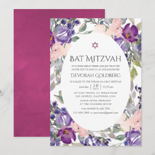 Convites Violet e Plum Floral Bat Mitzvah