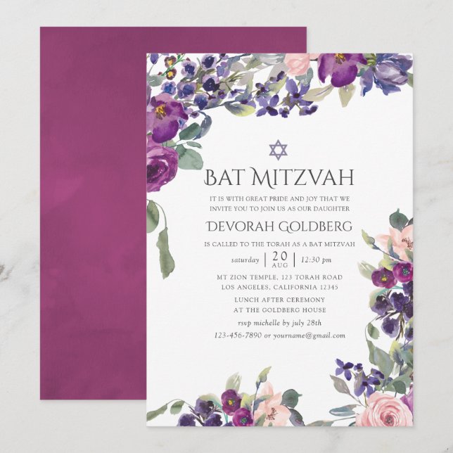 Convites Violet e Plum Floral Bat Mitzvah (Frente/Verso)