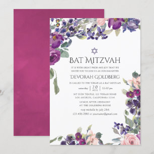 Convites Violet e Plum Floral Bat Mitzvah