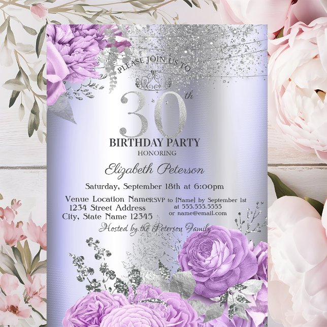 Convites Violet Flowers Glitter Lilac 30th Birthday   (Criador carregado)
