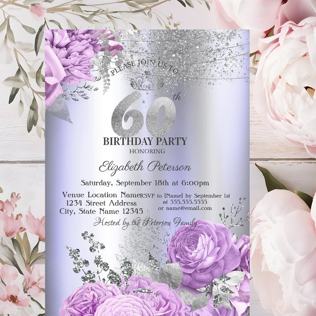 Convites Violet Flowers Glitter Lilac 60th Birthday   (Criador carregado)