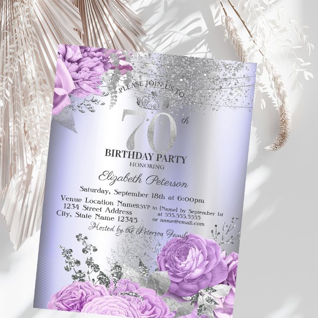 Convites Violet Flowers Glitter Lilac 70th Birthday   (Criador carregado)
