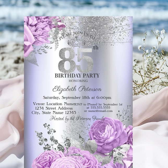 Convites Violet Flowers Glitter Lilac 85th Birthday   (Criador carregado)