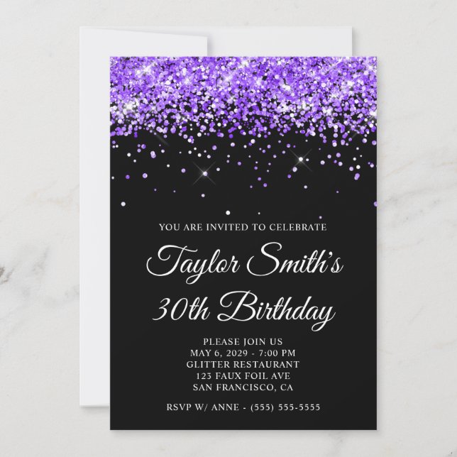 Convites Violet Glitter Black aniversário de 30 anos (Frente)