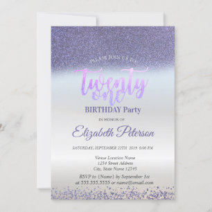 Convites Violet Glitter Diamonds Prata Aniversário de 21 an