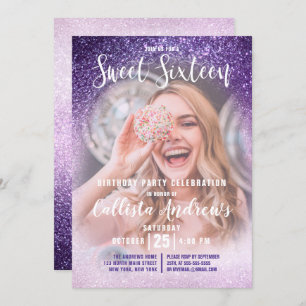 Convites Violet Lilac Triple Glitter Photo Sweet 16