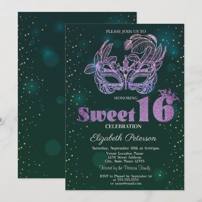 Convites Violet Masque Green Sweet 16 (Frente/Verso)