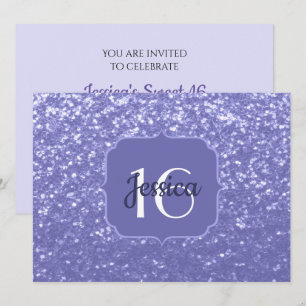 Convites Violet peri glitter sparkle Sweet 16 Monograma