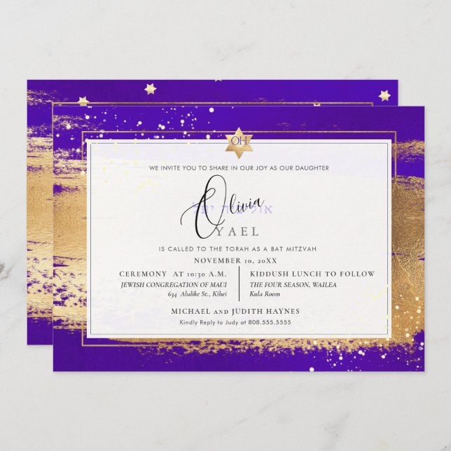 Convites VIOLET PixDezines + DOURADO BRUSHSTROKE Mitzvah (Frente/Verso)