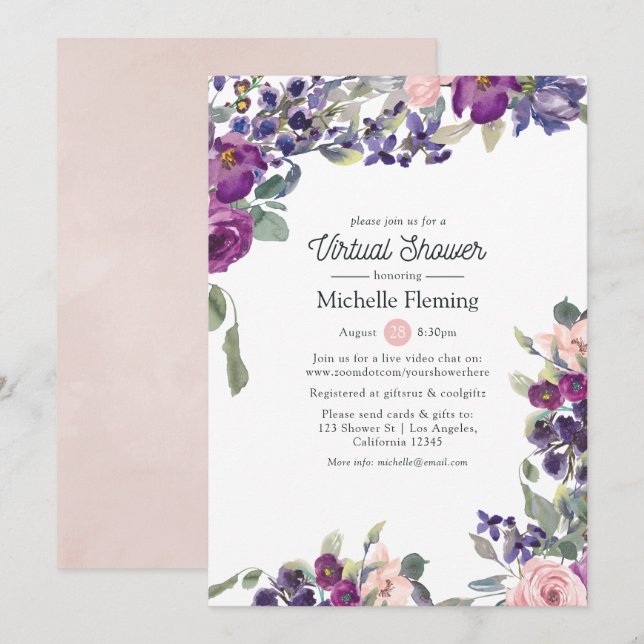 Convites Violet, Plum & Blush Virtual Baby ou Chá de panela (Frente/Verso)
