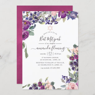 Convites Violet, Plum e Blush Floral Bat Mitzvah