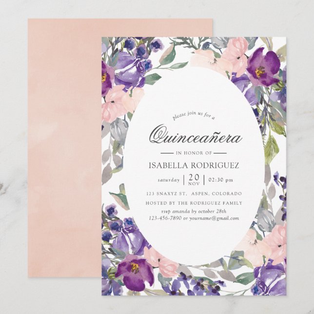 Convites Violet, Plum e Blush Floral Quinceañera (Frente/Verso)