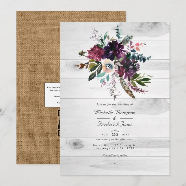 Convites Violet Plum Floral Rústico Código QR Casamento Boê (Frente/Verso)