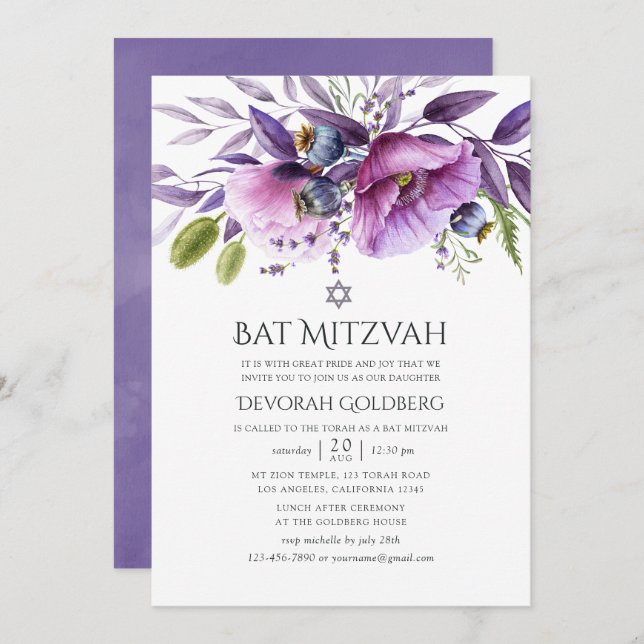 Convites Violet Poppy Floral Bat Mitzvah (Frente/Verso)