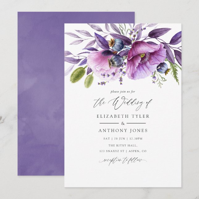 Convites Violet Poppy Floral Wedding (Frente/Verso)