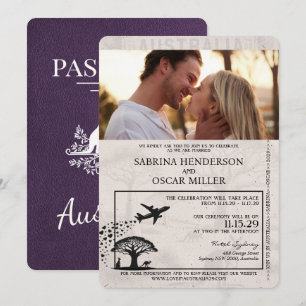 Convites Violet Purple Austrália Passaporte Casamento