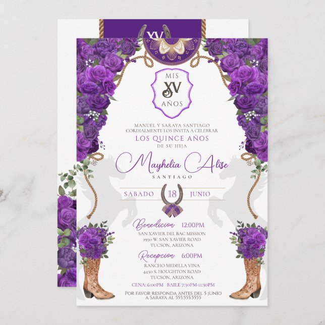 Convites Violet Purple Floral Western Charro Quinceañera (Frente/Verso)