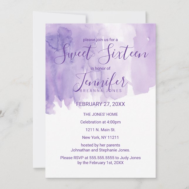 Convites Violet Purple Watercolor Splash Sweet 16 (Frente)