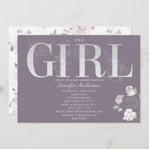 Convites Violet Rose Silver Baby Girl Shower