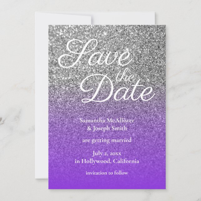 Convites Violet Silver Ombre Glitter Salve a Data (Frente)