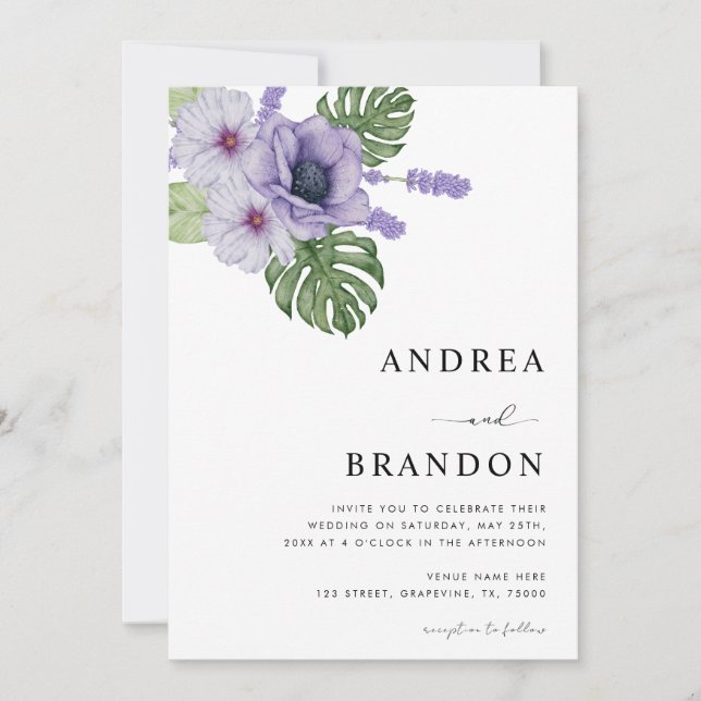 Convites Violet Tropical Leaf Botanical All in One Wedding (Frente)