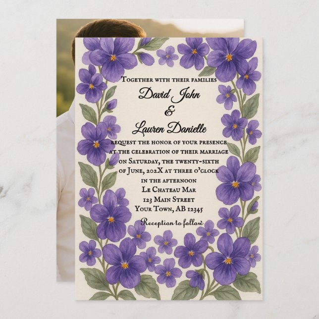 Convites Violet Veil Photo Wedding Invitation (Frente/Verso)